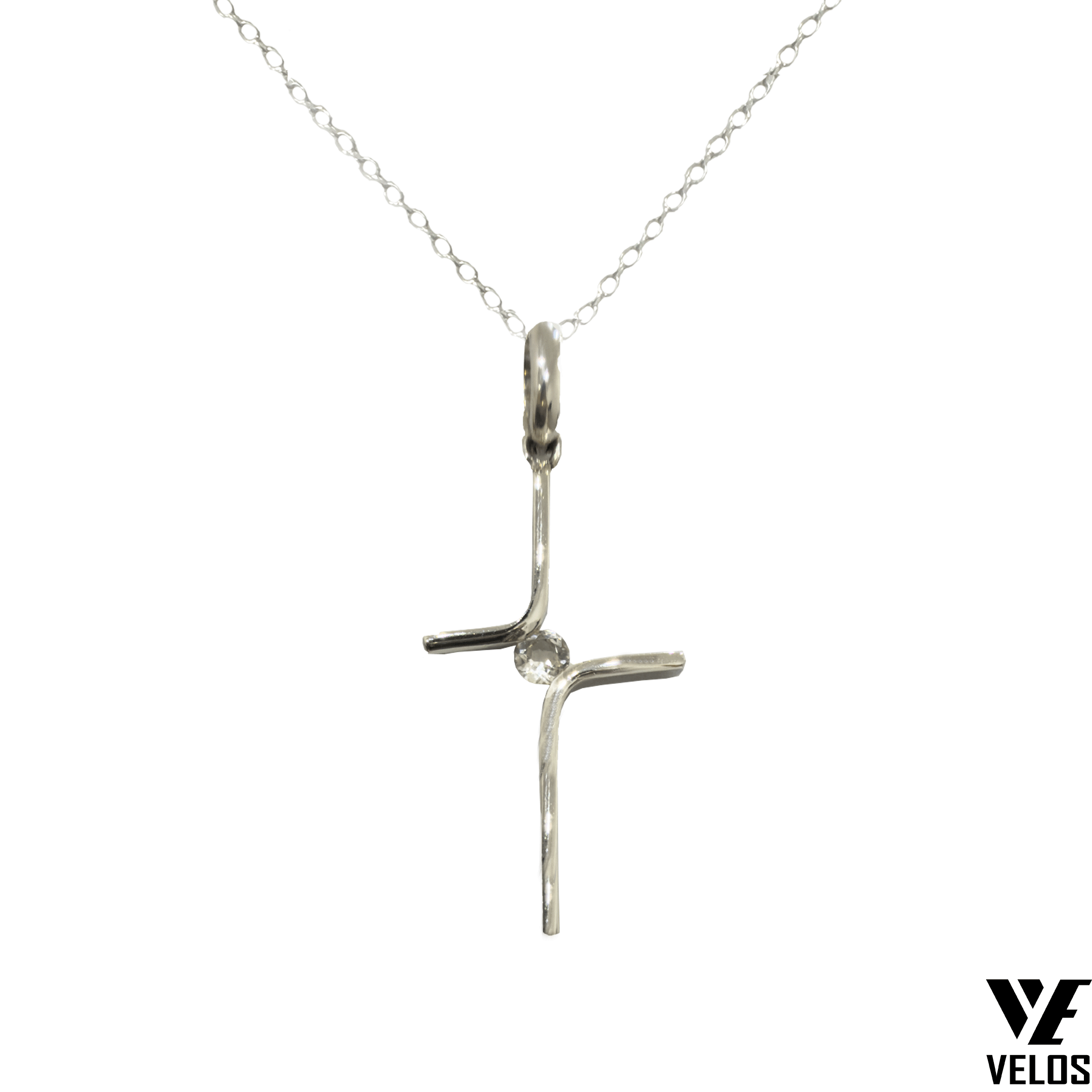 Minimal Sterling Silver Cross Pendant with White Sapphire